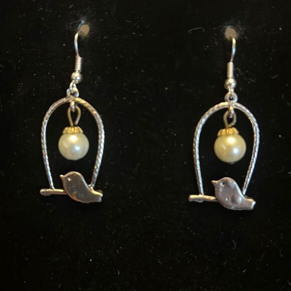Handcrafted Bird on Perch Earrings – Silver Tone with Pearl Detail - Picture 1 of 4